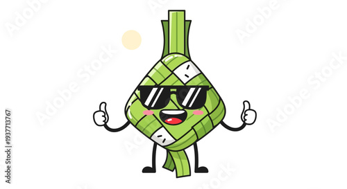 A cheerful, anthropomorphic, cartoonish, green, wrapped rice dumpling character with thumbs up, smiling and wearing sunglasses, in a playful, flat, modern, digital art style, conveying happi