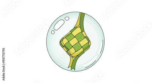A stylized, minimalist, cartoonish, green and yellow woven food item, likely ketupat or rice cake, floating inside a transparent bubble with water droplets, in a playful, whimsical, and drea