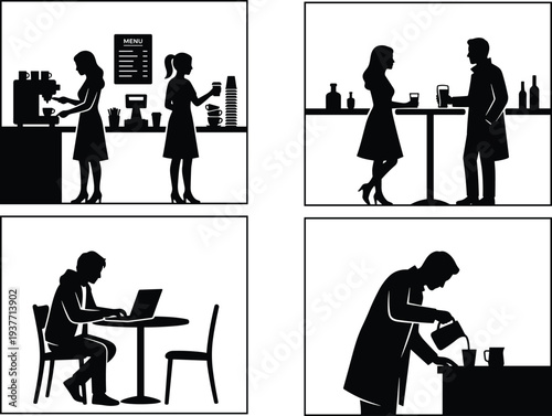 Coffee shop silhouettes barista serving coffee laptop work cafe conversation pouring milk vector illustration set isolated white background