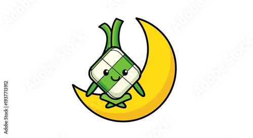 A cute cartoon band-aid character sitting on a crescent moon, smiling, with green and white stripes, and a cheerful expression, in a whimsical digital art style, for a playful and dreamy con
