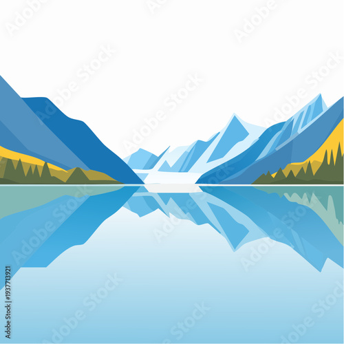 Serene Mountain Lake Reflection with Geometric Peaks and Autumn Trees