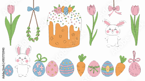 Easter celebration elements with decorated eggs bunnies cake and flowers on white background