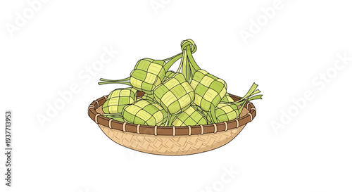 Fresh young coconut fruits in a traditional woven basket, watercolor-style drawing, tropical still life, food and drink concept, healthy snack on white background
