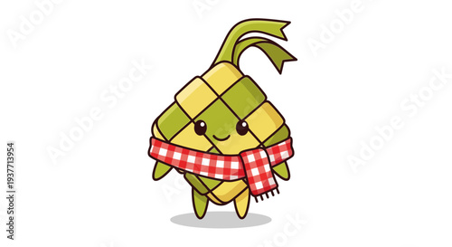 Cartoon corn wearing red and white checkered scarf in playful winter attire, cute smiling vegetable character in whimsical flat design style for seasonal greeting or food blog usage