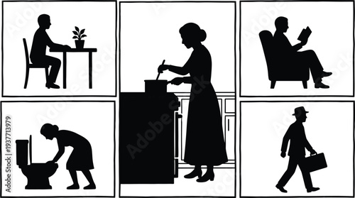 Daily life routine silhouettes set cooking cleaning reading working sitting walking vector illustration collection of household lifestyle activities
