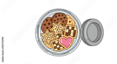 Colorful cartoon cookie jar filled with assorted sweet treats including heart-shaped biscuit, chocolate chip, and decorated cookies on white background, whimsical digital art