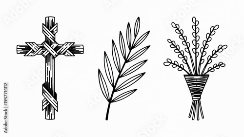Easter symbols cross olive branch wheat sheaf christian faith religious icons holiday elements black and white illustrations simple line art