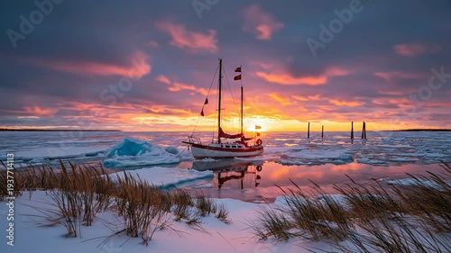 Sailboat moored in frozen water during colorful winter sunset