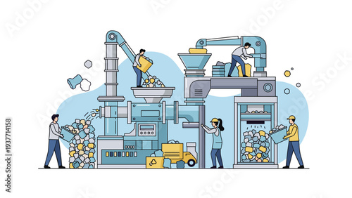 Industrial recycling factory scene with workers operating machinery to process and sort waste materials for environmental sustainability.