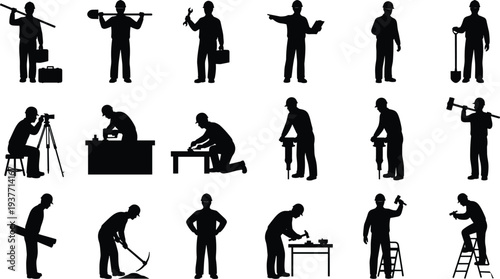 Construction worker silhouettes, hard hat safety, teamwork illustration, industrial labor poses, blueprint 
