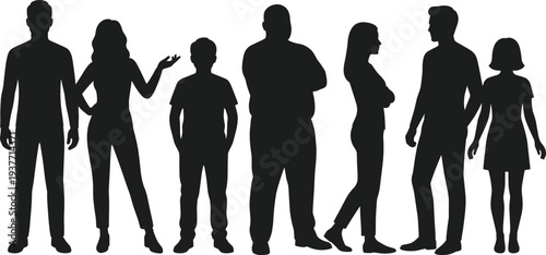 Diverse people silhouettes set with men women and child standing together community crowd social diversity vector illustration collection