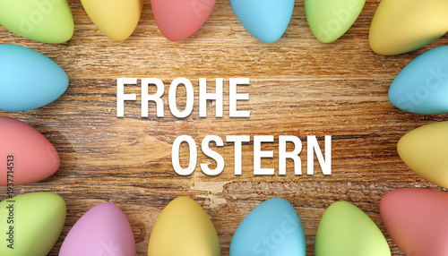 Illustration - 16 Pastellfarbene Ostereier auf rustikalem Holz - Frohe Ostern