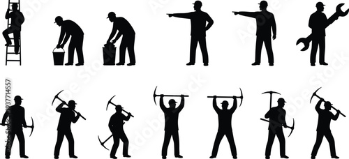 Construction worker silhouettes, ladder climbing, bucket carrying, wrench holding, pickaxe swinging, mining labor, industrial teamwork, occupational safety artwork design