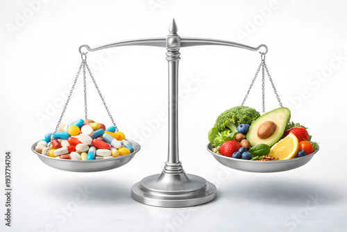 Chemical vs Natural Balance – Medicine and Healthy Food on Scale
