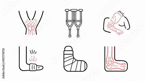 Injured body parts with bandages and crutches illustrating pain and recovery