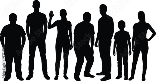 Group of people silhouettes including men women and child standing together diverse family community crowd vector illustration
