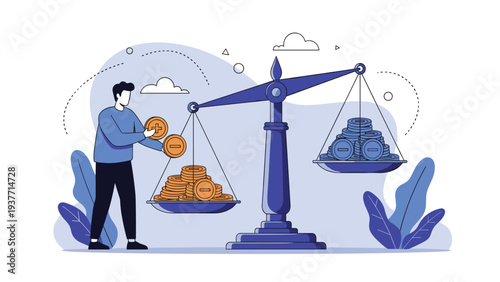 Professional man balancing different piles of gold and blue coins on a large justice scale symbolizing financial stability and value.