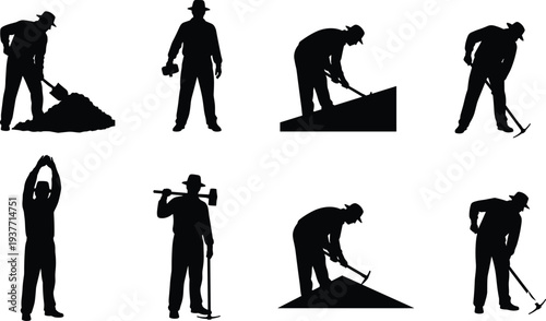 Construction worker silhouettes, shovel digging, drill usage, pickaxe swinging, sledgehammer holding, ladder climbing, manual labor, mining teamwork artwork design