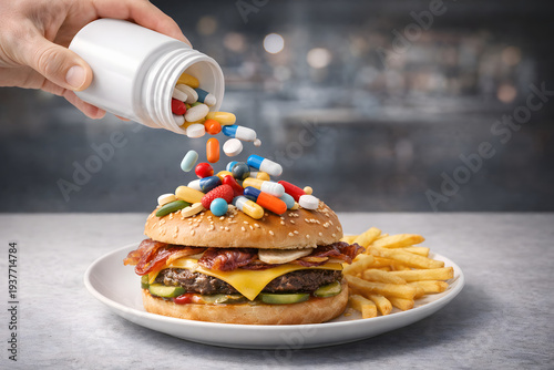 Overmedication Concept – Fast Food Lifestyle and Pill Dependency