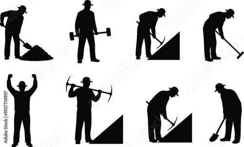 Construction worker silhouettes, shovel digging, sledgehammer holding, pickaxe swinging, hammer usage, manual labor, mining teamwork, occupational safety artwork design