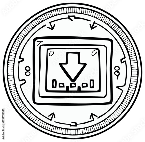 Digital download data transfer icon in circular coin symbol illustration