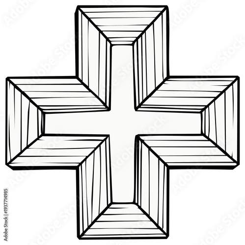 Hand drawn 3D cross or plus sign symbol with a chiseled effect line art illustration