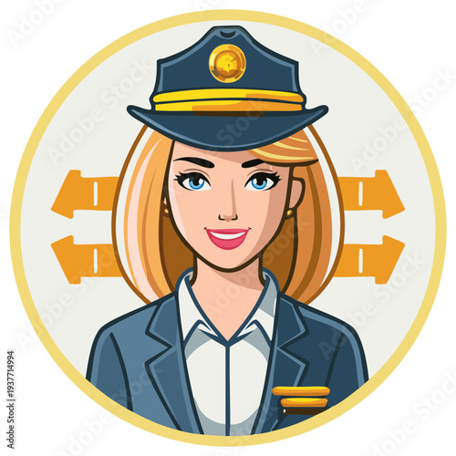 Blond female pilot, gold arrows direction badge, blue uniform suit, round frame, confident expression