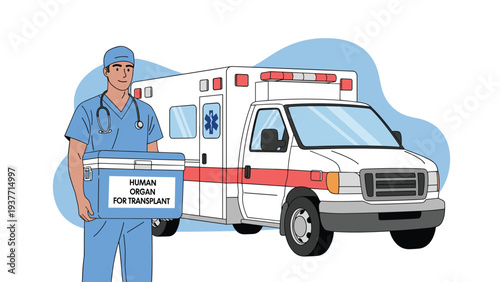 Medical professional in blue scrubs holding a specialized cooler box labeled human organ for transplant in front of an ambulance.