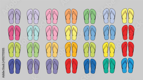 Large array of colorful flip-flop sandals arranged in rows featuring various shades of pink, yellow, green, blue, and red for summer.