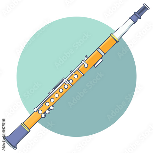 A detailed illustration of a bright orange clarinet with silver keys and blue accents rests diagonally on a muted teal circle.