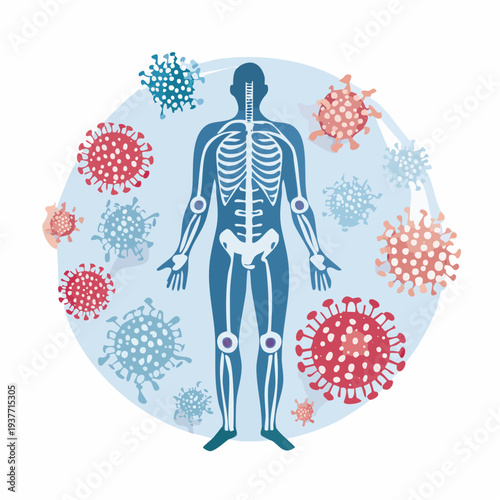 Human skeletal system surrounded by menacing viruses, depicting infection and health challenges
