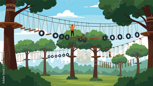 People enjoying outdoor activities at a forest adventure park featuring high ropes courses, tire bridges, and wooden platforms among trees.