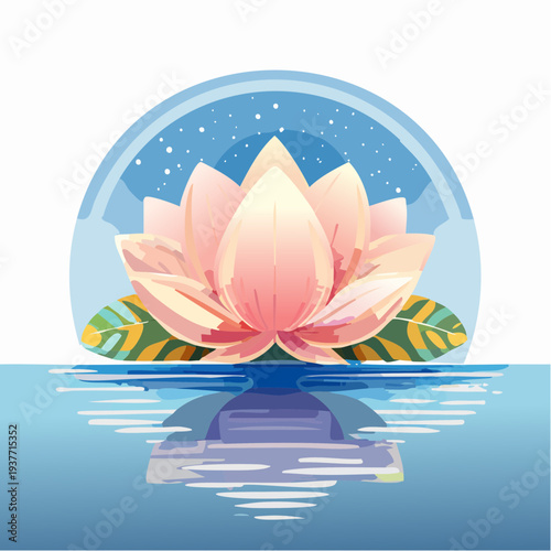 Beautiful serene lotus flower blossoms gracefully on calm water reflecting a tranquil starry night sky