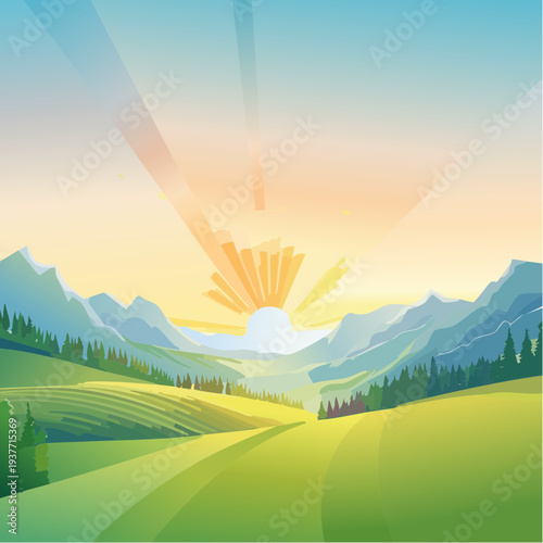 Vibrant sunrise over a beautiful natural landscape with rolling green fields and majestic mountains under a clear sky