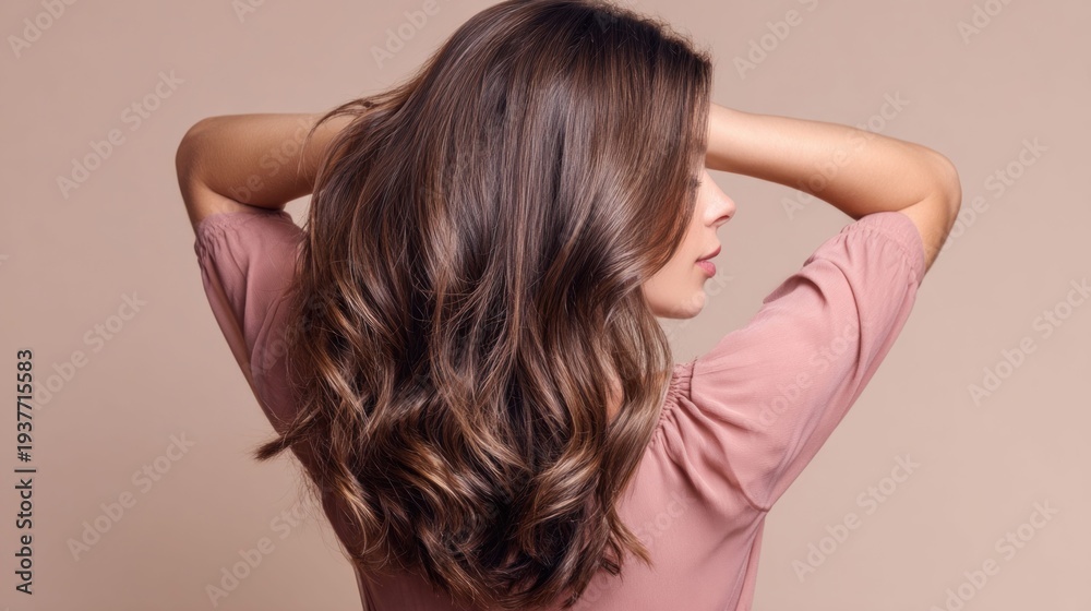 Fototapeta premium Woman with long, wavy brown hair poses with hands behind her head