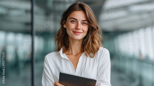 Smiling businesswoman holding a tablet in a modern office environment