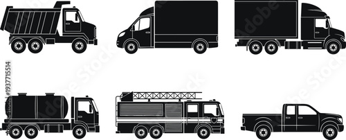 Commercial truck silhouettes collection including dump truck, delivery van, tanker truck, fire engine, semi trailer and pickup truck isolated logistics transport vehicle icons