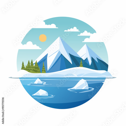 Scenic Arctic landscape with snow-capped mountains, icebergs, and a cold ocean under a bright sun