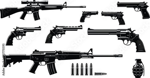 Firearms weapons silhouette collection including rifles pistols revolvers bullets and grenade isolated on white background, military weapon vector illustration for security defense and tactical themes