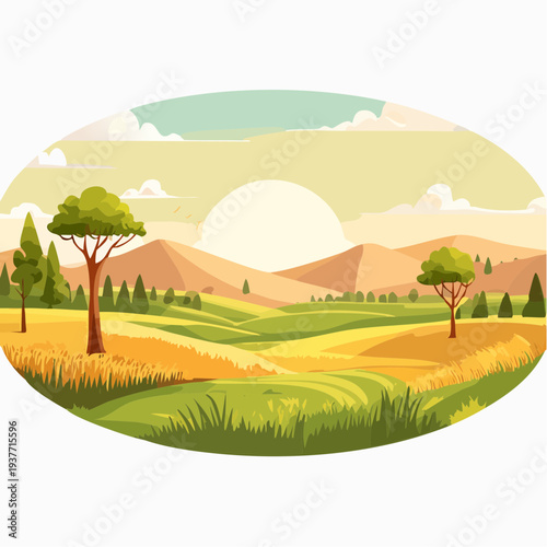 Vibrant illustration of a peaceful rural landscape with rolling green and golden hills under a bright, expansive sky