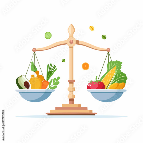Symbolic Illustration of a Balanced Diet with Fresh Fruits and Vegetables on a Weighing Scale for Optimal Health and Wellness