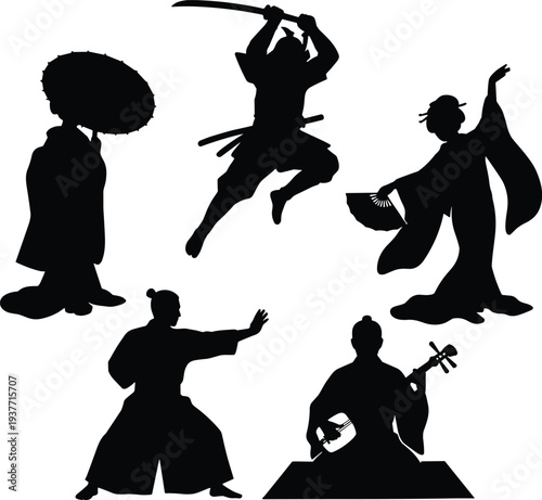 Japanese culture silhouettes set with samurai geisha dancer musician warrior traditional Japan vector illustration collection