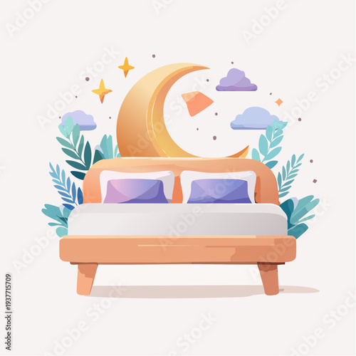 Comfortable Bed with Crescent Moon and Stars, Inspiring Peaceful Sleep