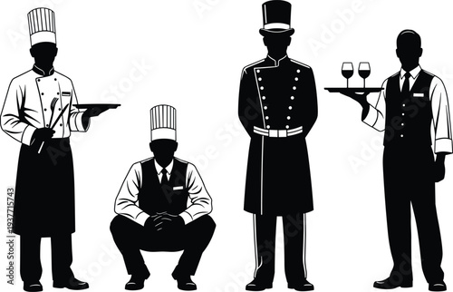 Hotel and restaurant staff silhouettes set including chef, waiter, bellboy and service worker, hospitality industry uniform professionals vector illustration isolated on white background