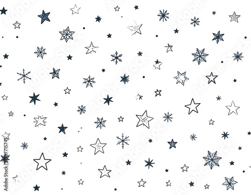 Scattered snowflakes and stars, hand-drawn in a blue-gray hue, on a white background