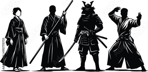 Japanese samurai silhouettes set warrior armor katana martial arts kimono culture vector illustration isolated on white background