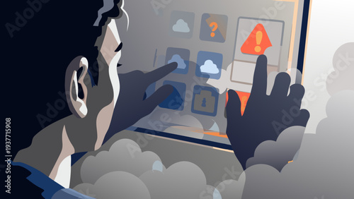 Man navigating warning signs on digital interface with caution icons and clouds
