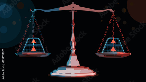 Balanced ai risk management concept with scales and triangles on black background