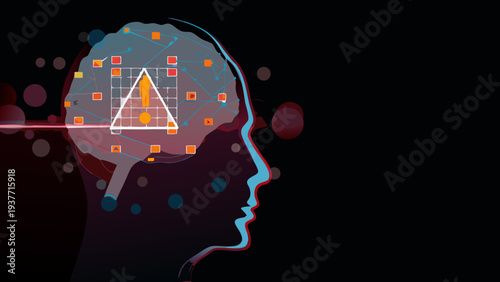 Artificial intelligence concept with human brain profile and triangle grid on black background