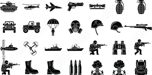 Military equipment and soldier icon set vector illustration with weapons, vehicles, aircraft, grenades, helmet, boots and army combat symbols isolated on white background